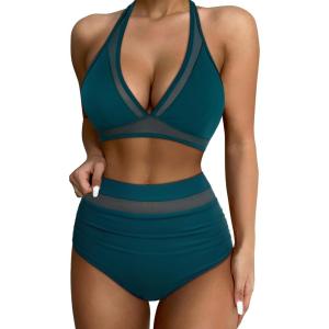 imageSUUKSESS Women Sexy High Waist Bikini Sets Mesh Tummy Control 2 Piece Swimsuits50 Peacock Blue