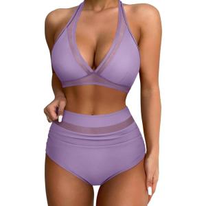 imageSUUKSESS Women Sexy High Waist Bikini Sets Mesh Tummy Control 2 Piece Swimsuits50 Purple