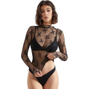imageSUUKSESS Women Sexy Mesh Sheer Long Sleeve Tops Mock Neck Going Out Lace ShirtsBlack