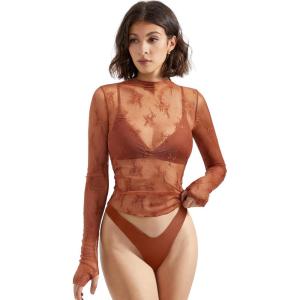imageSUUKSESS Women Sexy Mesh Sheer Long Sleeve Tops Mock Neck Going Out Lace ShirtsBrown