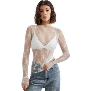 imageSUUKSESS Women Sexy Mesh Sheer Long Sleeve Tops Mock Neck Going Out Lace ShirtsWhite