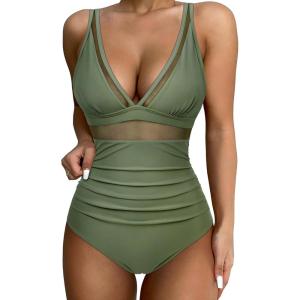 imageSUUKSESS Women Sexy Mesh Tummy Control Swimsuit Push Up High Waisted Bathing Suit10 Army Green