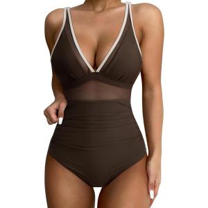 imageSUUKSESS Women Sexy Mesh Tummy Control Swimsuit Push Up High Waisted Bathing Suit10 Brown White