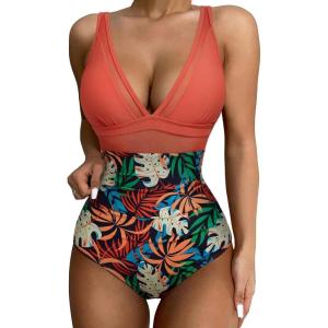 imageSUUKSESS Women Sexy Mesh Tummy Control Swimsuit Push Up High Waisted Bathing Suit10 Coral Pink Leaf