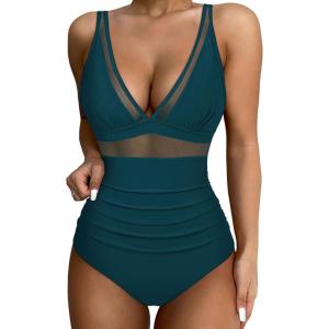imageSUUKSESS Women Sexy Mesh Tummy Control Swimsuit Push Up High Waisted Bathing Suit10 Peacock Blue