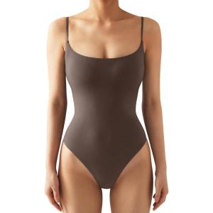 imageSUUKSESS Women Sexy Square Neck Thong Bodysuit Backless Cami Bodysuit Top01 Brown
