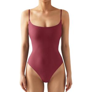 imageSUUKSESS Women Sexy Square Neck Thong Bodysuit Backless Cami Bodysuit Top01 Maroon