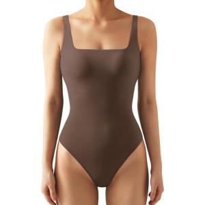 imageSUUKSESS Women Sexy Square Neck Thong Bodysuit Backless Sleeveless Tank Tops02 Brown