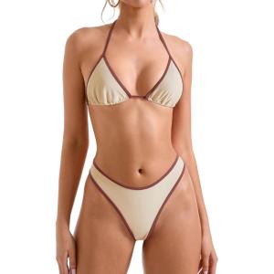 imageSUUKSESS Women Sexy Thong String 2 Piece Bikini Set Cheeky Halter Swimsuit71 Beige Brown