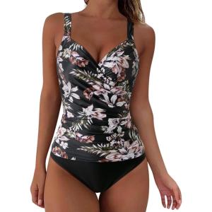 imageSUUKSESS Women Sexy Twist Push Up Tankini Swimsuit Tummy Control Bathing Suits72 Retro Floral Black
