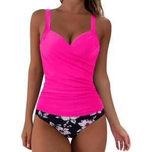 imageSUUKSESS Women Sexy Twist Push Up Tankini Swimsuit Tummy Control Bathing SuitsPink Black Floral