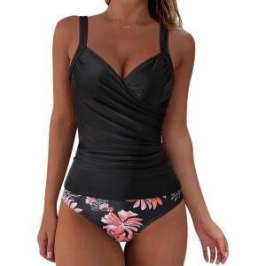 imageSUUKSESS Women Sexy Twist Push Up Tankini Swimsuit Tummy Control Bathing SuitsRetrol Floral Black