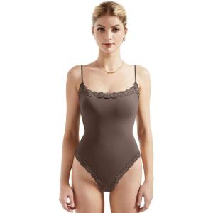imageSUUKSESS Women Square Neck Lace Bodysuit Sleeveless Spaghetti Strap Tank TopBrown