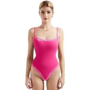 imageSUUKSESS Women Square Neck Lace Bodysuit Sleeveless Spaghetti Strap Tank TopHot Pink