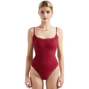 imageSUUKSESS Women Square Neck Lace Bodysuit Sleeveless Spaghetti Strap Tank TopWine Red