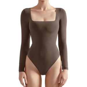imageSUUKSESS Women Square Neck Long Sleeve Bodysuit Sexy Thong Bodysuit Shirts01 Brown