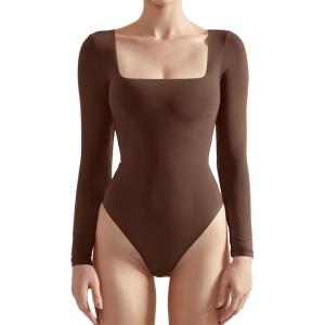 imageSUUKSESS Women Square Neck Long Sleeve Bodysuit Sexy Thong Bodysuit Shirts01 Dark Brown