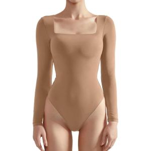 imageSUUKSESS Women Square Neck Long Sleeve Bodysuit Sexy Thong Bodysuit Shirts01 Khaki
