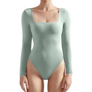 imageSUUKSESS Women Square Neck Long Sleeve Bodysuit Sexy Thong Bodysuit ShirtsCrab Green