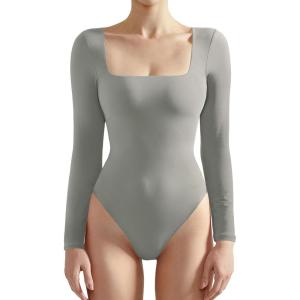 imageSUUKSESS Women Square Neck Long Sleeve Bodysuit Sexy Thong Bodysuit ShirtsLight Gray