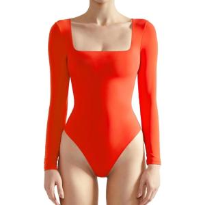 imageSUUKSESS Women Square Neck Long Sleeve Bodysuit Sexy Thong Bodysuit ShirtsRed