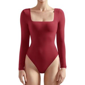 imageSUUKSESS Women Square Neck Long Sleeve Bodysuit Sexy Thong Bodysuit ShirtsWine Red