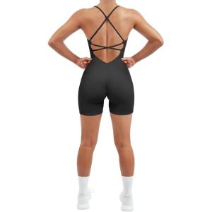 imageSUUKSESS Women Strappy Romper Seamless Jumpsuit Tummy Control Padded Sports Bra11 Black