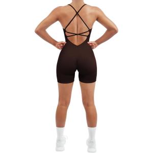 imageSUUKSESS Women Strappy Romper Seamless Jumpsuit Tummy Control Padded Sports Bra11 Deep Brown