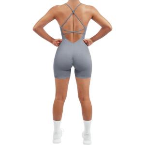 imageSUUKSESS Women Strappy Romper Seamless Jumpsuit Tummy Control Padded Sports Bra11 Grey Blue