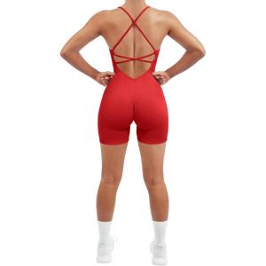 imageSUUKSESS Women Strappy Romper Seamless Jumpsuit Tummy Control Padded Sports Bra11 Red