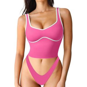 imageSUUKSESS Women Sweetheart Neckline Longline Sports Bra Padded Basic Workout Crop Tank TopHot Pink