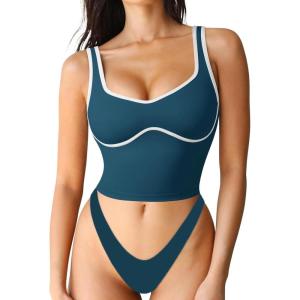 imageSUUKSESS Women Sweetheart Neckline Longline Sports Bra Padded Basic Workout Crop Tank TopNavy