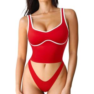 imageSUUKSESS Women Sweetheart Neckline Longline Sports Bra Padded Basic Workout Crop Tank TopRed