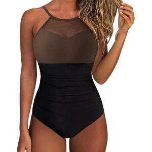 imageSUUKSESS Women Tummy Control One Piece Swimsuit Sexy Mesh High Neck Bathing Suit58 Brown Black