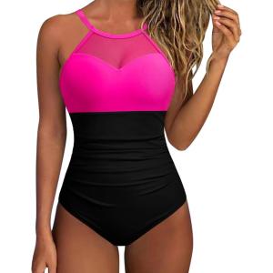 imageSUUKSESS Women Tummy Control One Piece Swimsuit Sexy Mesh High Neck Bathing Suit58 Hot Pink Black