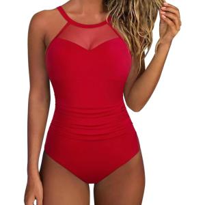 imageSUUKSESS Women Tummy Control One Piece Swimsuit Sexy Mesh High Neck Bathing Suit58 Red