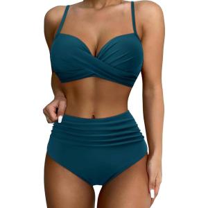imageSUUKSESS Women Twist High Waisted Bikini Sexy Push Up Two Piece Swimsuits1 Peacock Blue