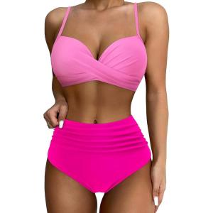 imageSUUKSESS Women Twist High Waisted Bikini Sexy Push Up Two Piece Swimsuits1 Pink Color Block