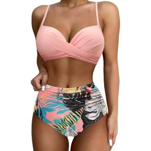 imageSUUKSESS Women Twist High Waisted Bikini Sexy Push Up Two Piece Swimsuits1 Pink Floral