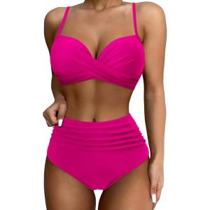 imageSUUKSESS Women Twist High Waisted Bikini Sexy Push Up Two Piece Swimsuits1 Upgrade Hot Pink
