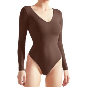 imageSUUKSESS Women V Neck Double Lined Bodysuit Sexy Long Sleeve Thong Bodysuit Shirts01 Dark Brown