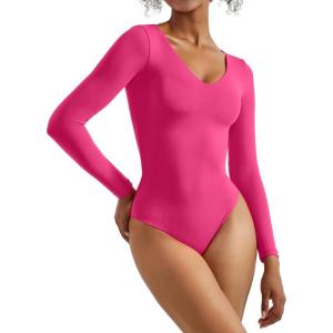 imageSUUKSESS Women V Neck Double Lined Bodysuit Sexy Long Sleeve Thong Bodysuit Shirts01 Hot Pink