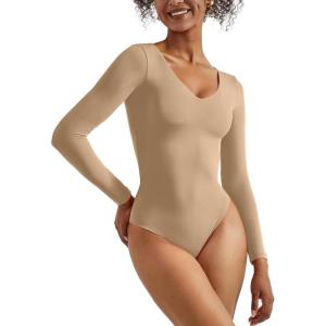 imageSUUKSESS Women V Neck Double Lined Bodysuit Sexy Long Sleeve Thong Bodysuit Shirts01 Khaki