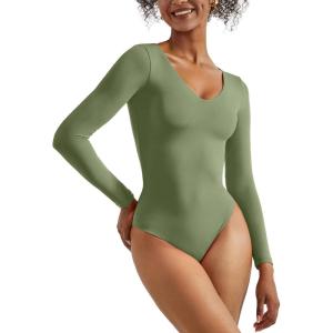 imageSUUKSESS Women V Neck Double Lined Bodysuit Sexy Long Sleeve Thong Bodysuit Shirts02 Army Green
