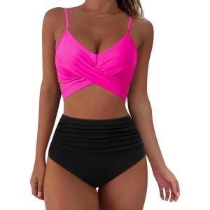 imageSUUKSESS Women Wrap Bikini Set Push Up High Waisted 2 Piece Swimsuits87 Black Pink