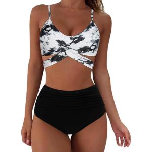 imageSUUKSESS Women Wrap Bikini Set Push Up High Waisted 2 Piece Swimsuits87 Black White Tie Dye