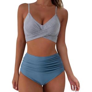 imageSUUKSESS Women Wrap Bikini Set Push Up High Waisted 2 Piece Swimsuits87 Blue Striped