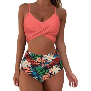 imageSUUKSESS Women Wrap Bikini Set Push Up High Waisted 2 Piece Swimsuits87 Coral Pink Leaf
