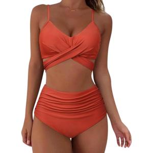 imageSUUKSESS Women Wrap Bikini Set Push Up High Waisted 2 Piece Swimsuits87 Deep Coral Red