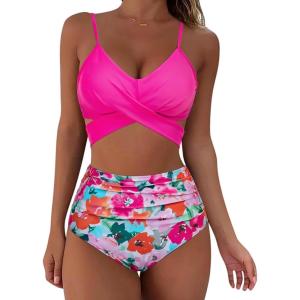 imageSUUKSESS Women Wrap Bikini Set Push Up High Waisted 2 Piece Swimsuits87 Hot Pink Floral